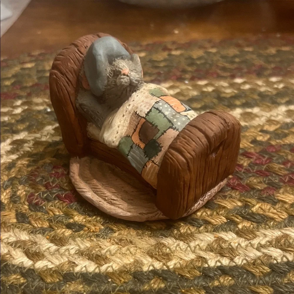 Miniature Sleeping Mouse Figurine in Brown with Patchwork Blanket